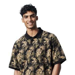 Puritan Men Palm Print Henley Shirt Size XL Contrasting Collar‎ Heavy Tropical